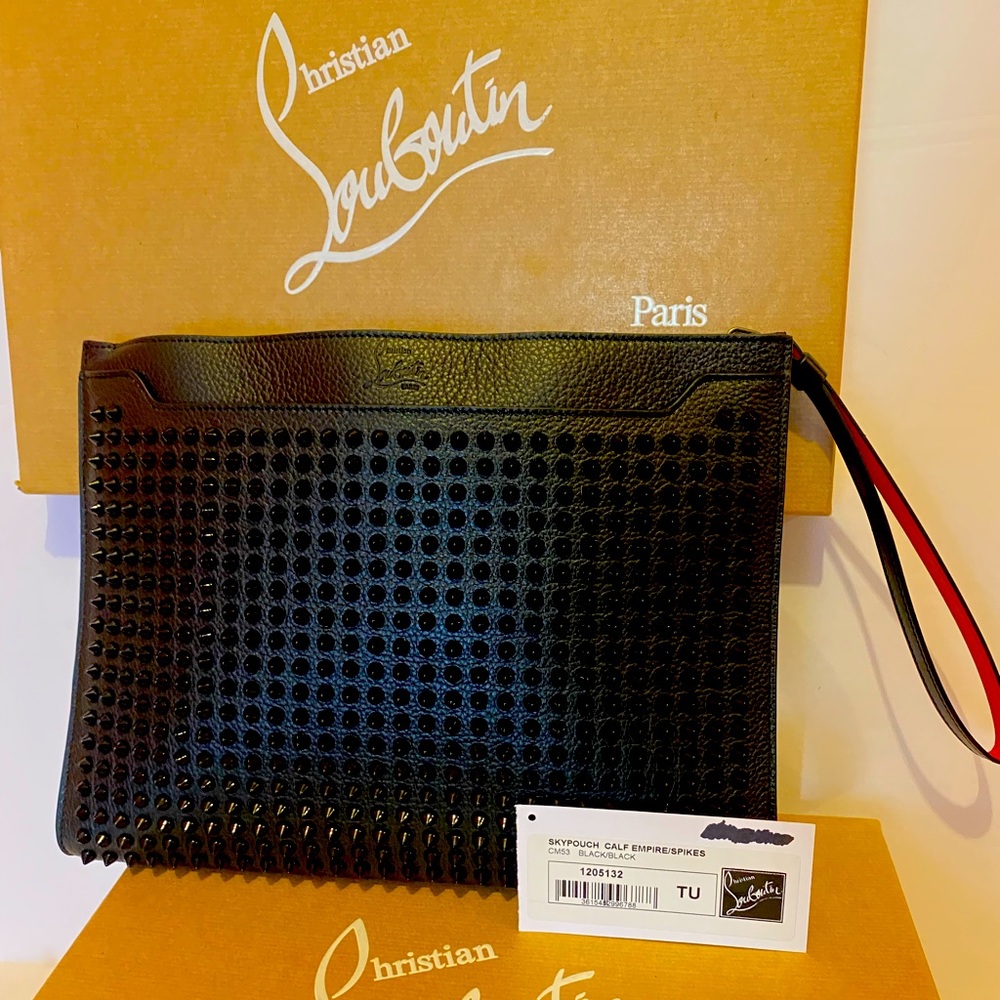 New Christian Louboutin SkyPouch Spike Clutch Pouch Bag Leather Black Bag